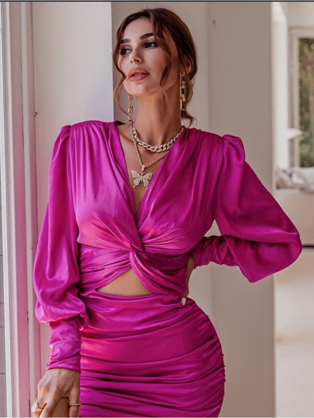 SHEIN Hot Pink Satin Twist-Front Mini Dress